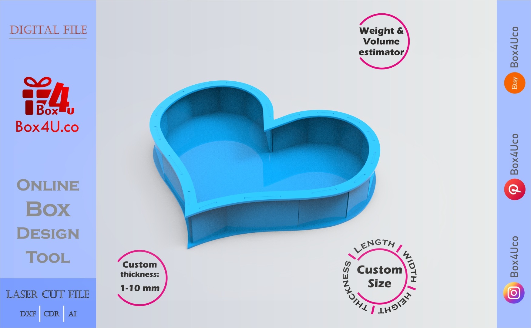 Make Heart Box (T3) | blue acrylic | Online design for shape box | custom size laser cut file DXF, AI, CDR | Box4U