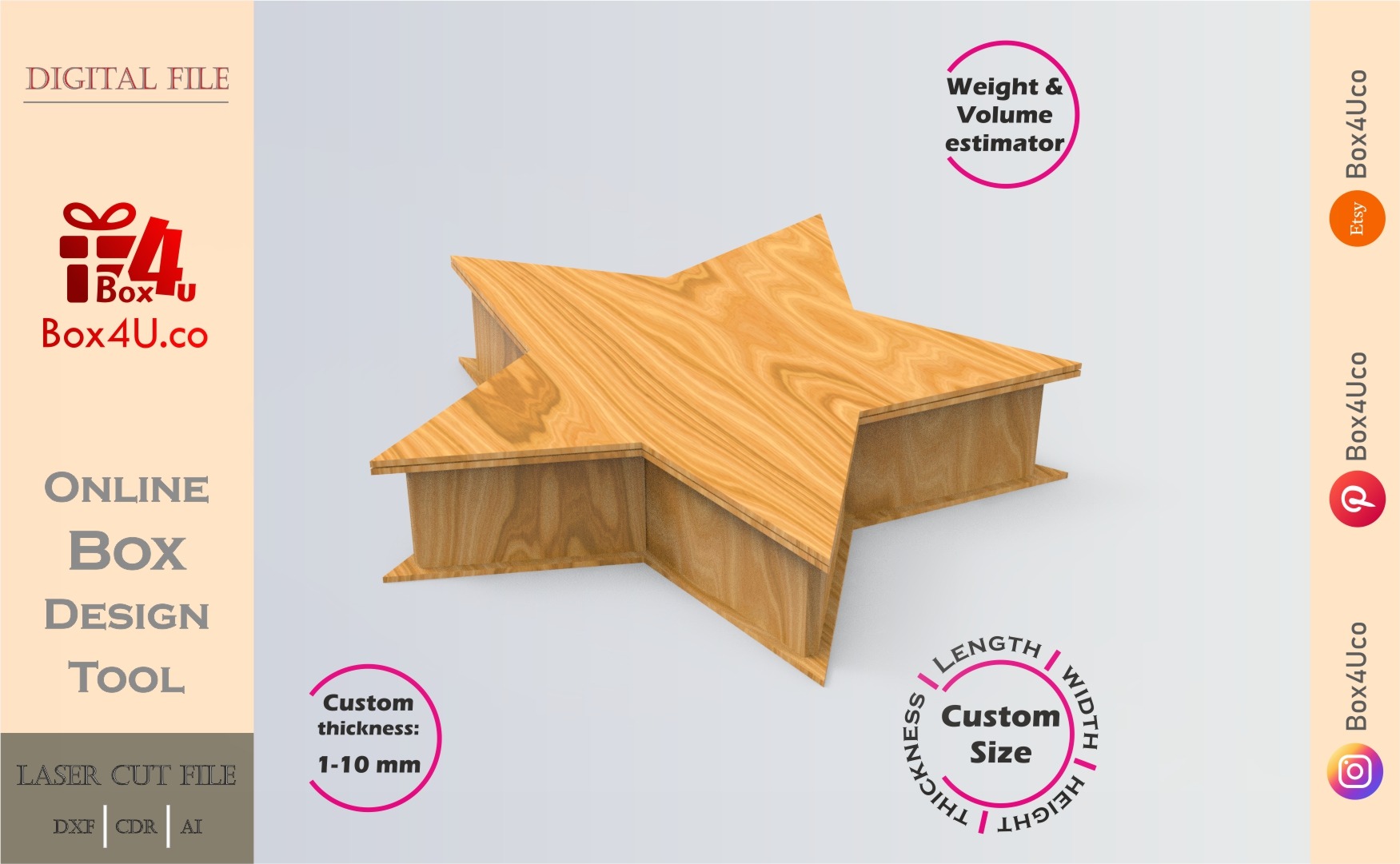 Online Design Five-pointed star | wooden | App tool for shape boxes | custom size laser cut file DXF, AI, CDR | Box4U