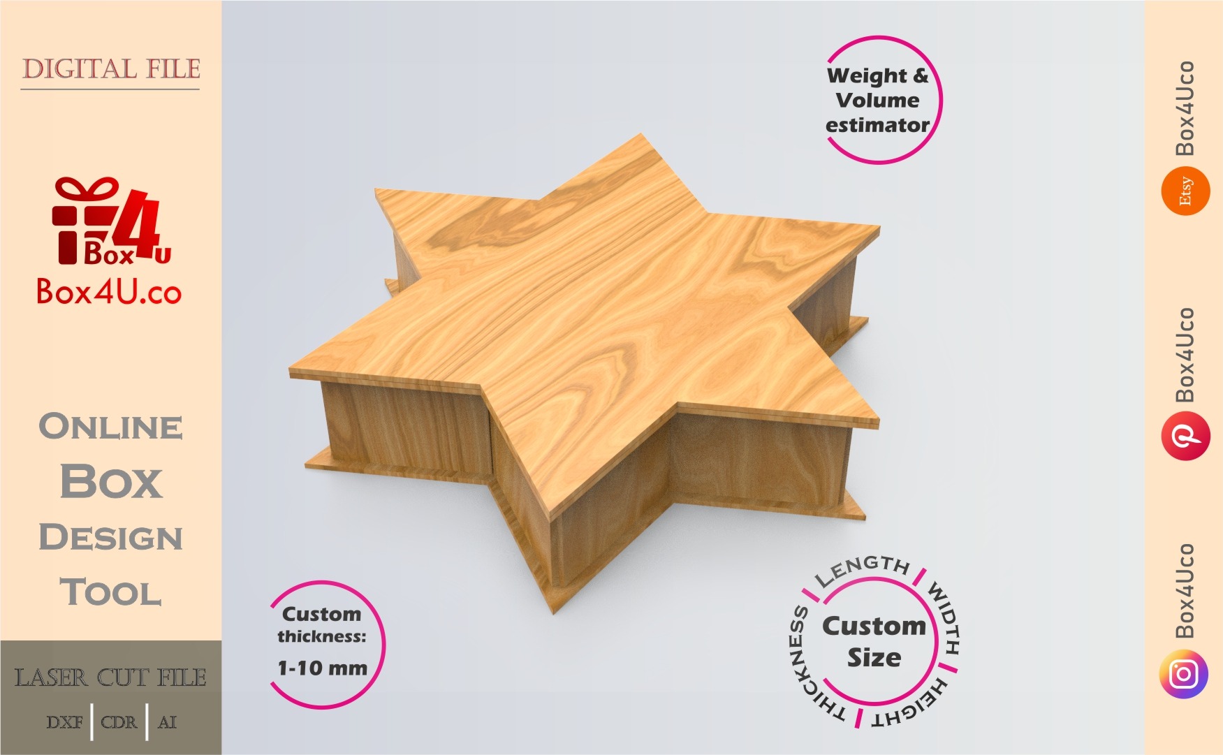 Online Design Six-pointed star | wooden | App tool for shape boxes | custom size laser cut file DXF, AI, CDR | Box4U