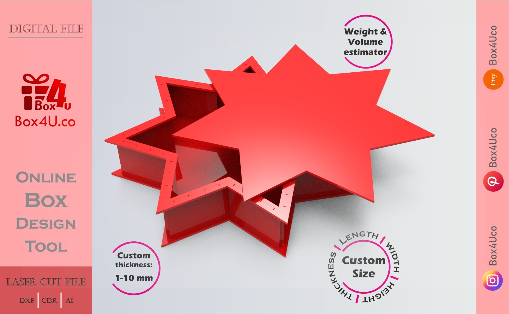 Make Seven-pointed Star Box | red acrylic | Online app tool for letter boxes | custom size laser cut file DXF, AI, CDR | Box4U