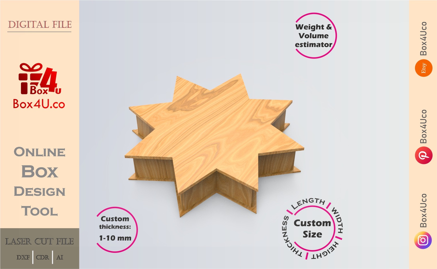 Online Design Eight-pointed star | wooden | App tool for shape boxes | custom size laser cut file DXF, AI, CDR | Box4U