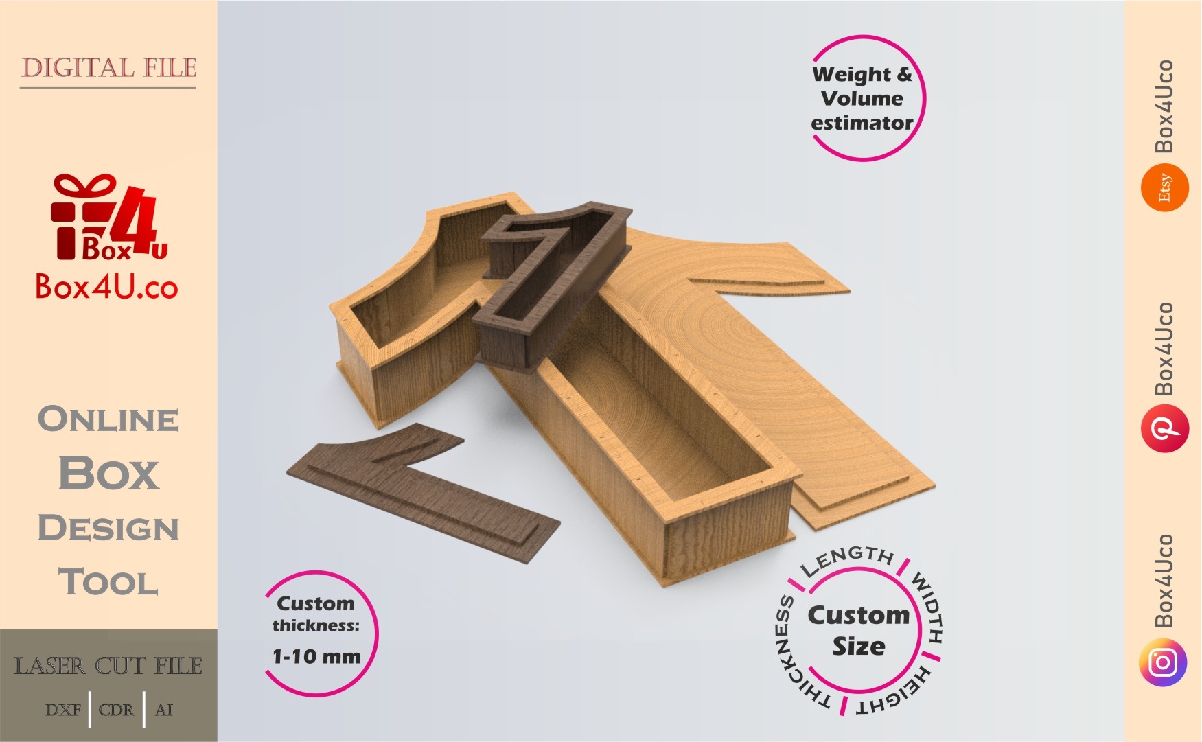 Online Design Number one 1 Box | wooden | App tool for number shape boxes | custom size laser cut file DXF, AI, CDR | Box4U