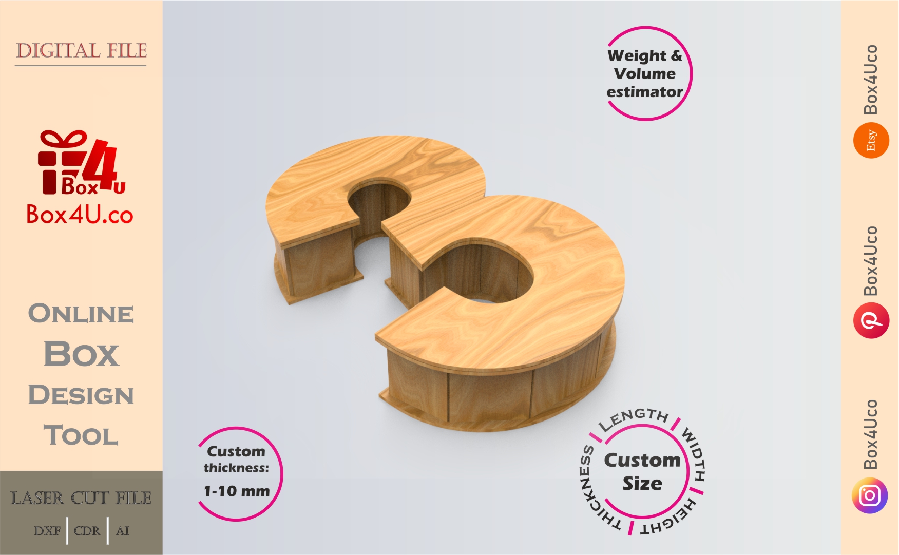 Online Design Number three 3 Box | wooden | App tool for number shape boxes | custom size laser cut file DXF, AI, CDR | Box4U