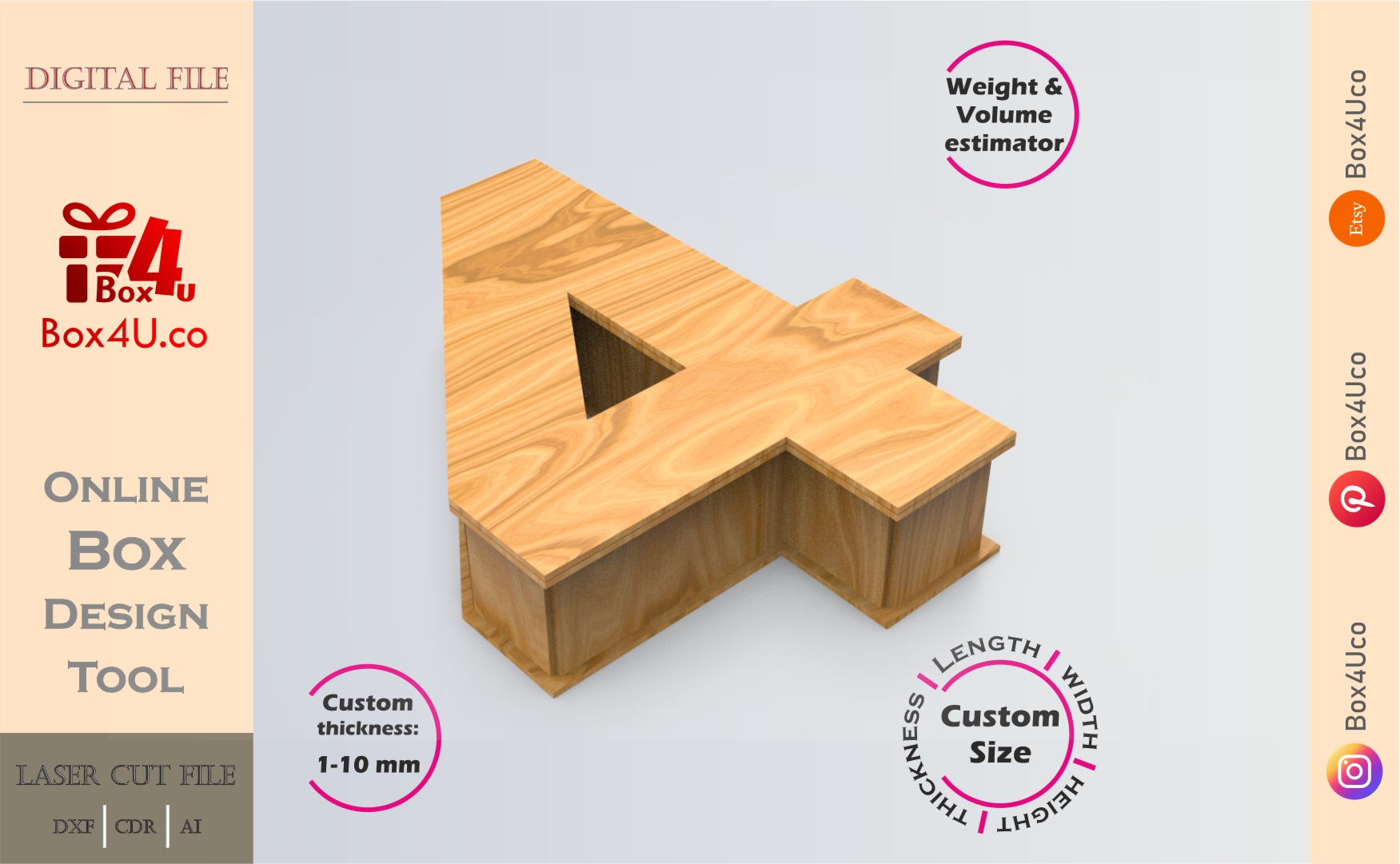 Online Design Number four 4 Box | wooden | App tool for number shape boxes | custom size laser cut file DXF, AI, CDR | Box4U