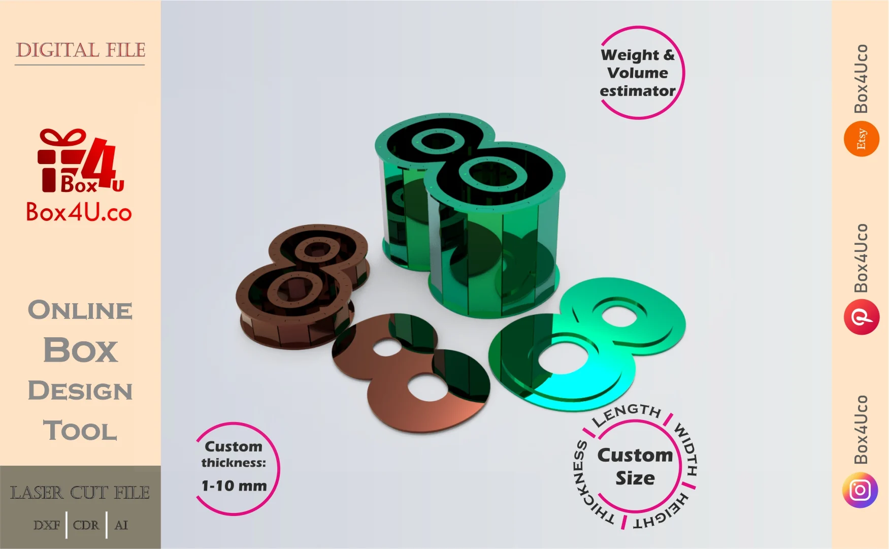 Make Number 8-shaped box | green metal | Online design for number shaped box | custom size laser cut file DXF, AI, CDR | Box4U