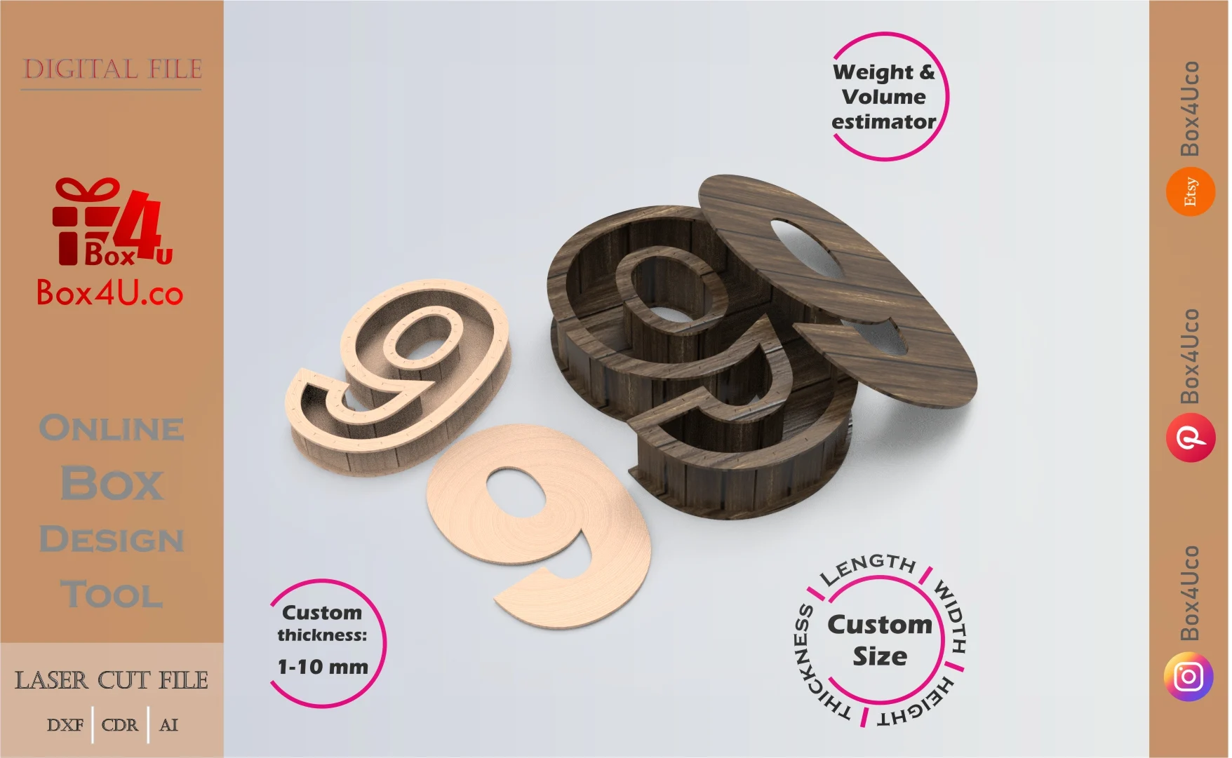 Online Design Number 9-shaped Box | software tool for number shaped boxes | custom size laser cut file DXF, AI, CDR | Box4U