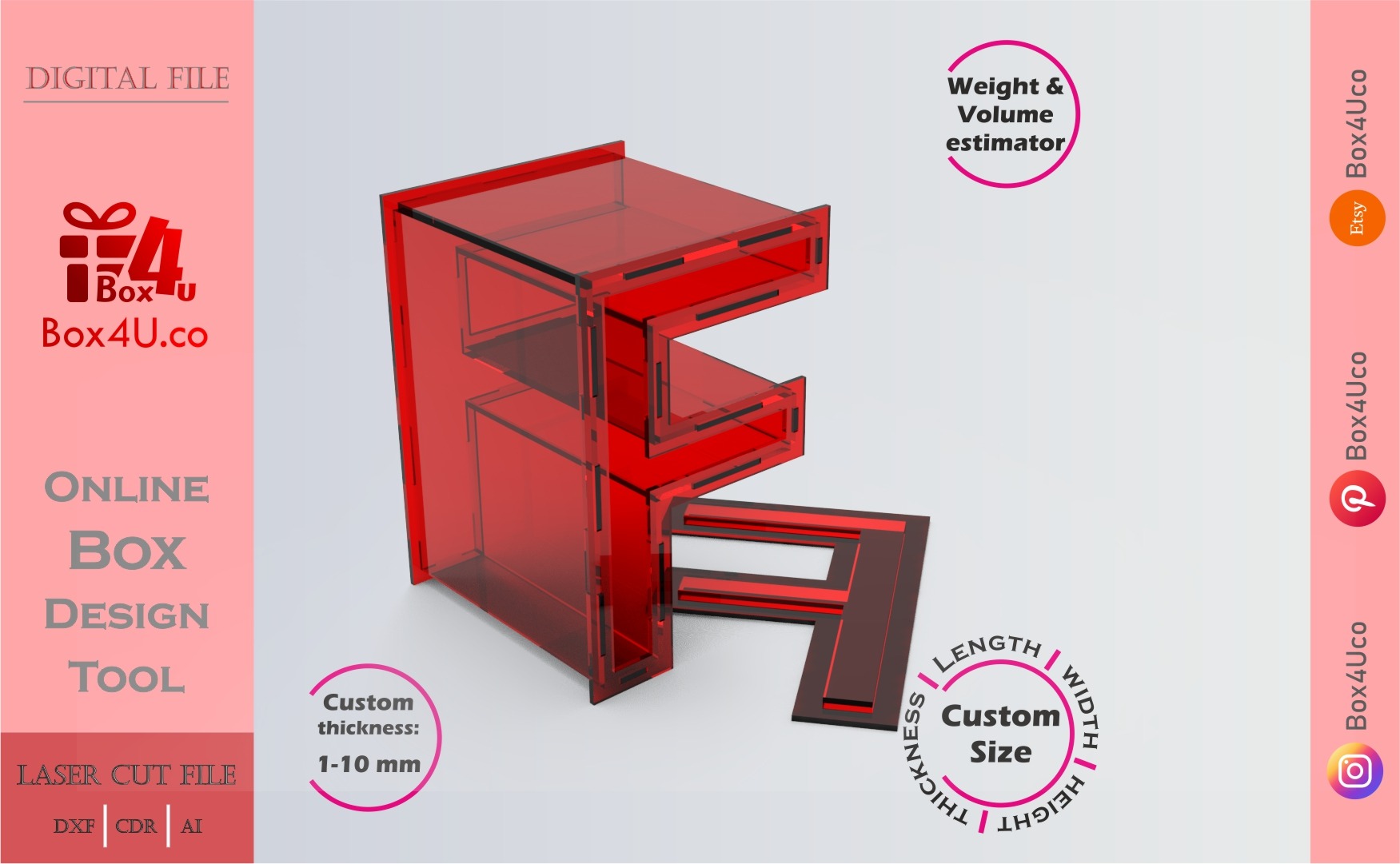 Make Letter F Box | red acrylic | Online app tool for letter boxes | custom size laser cut file DXF, AI, CDR | Box4U