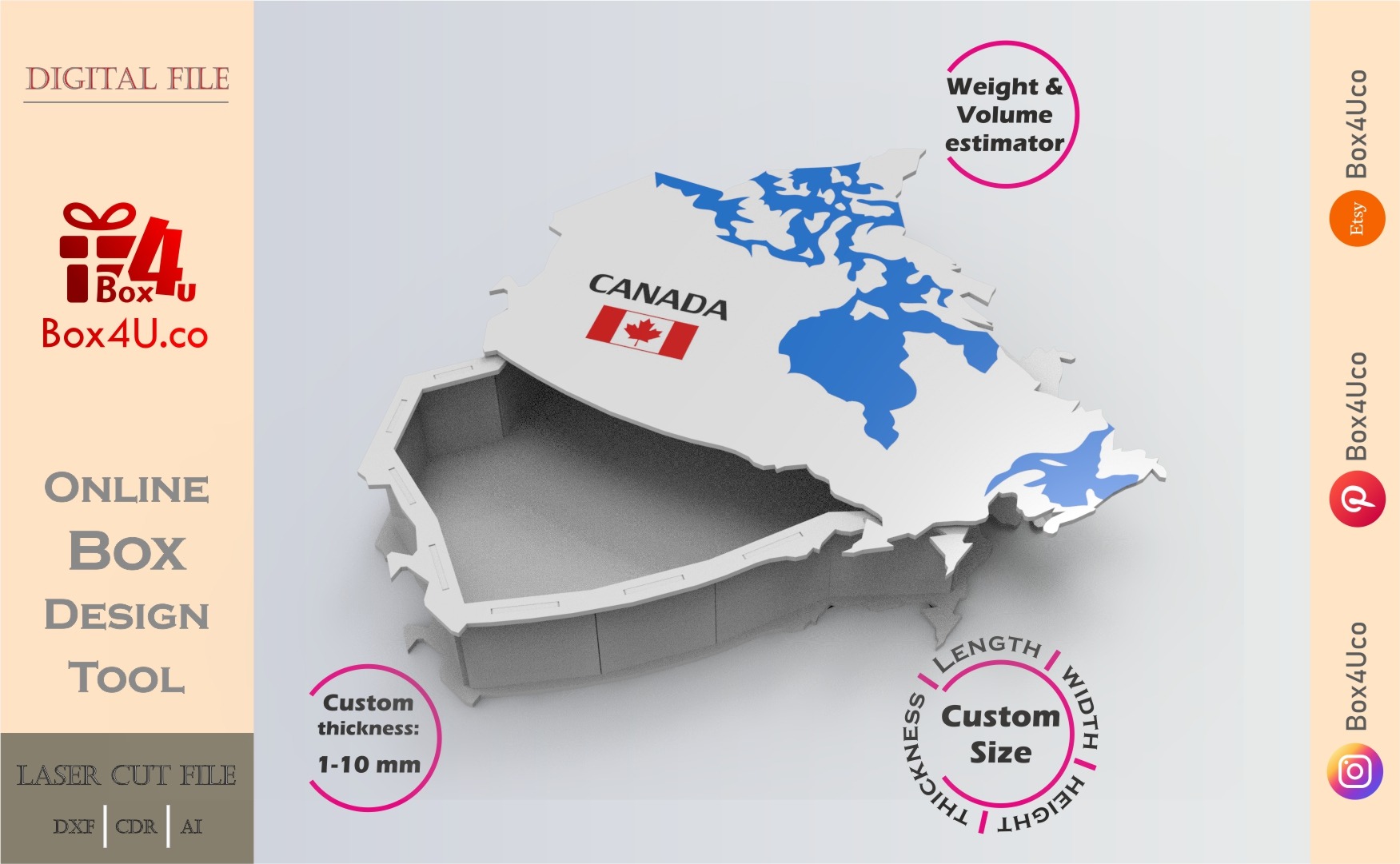 Make Canada map box | white acrylic | Online design for map shaped box | custom size laser cut file DXF, AI, CDR | Box4U