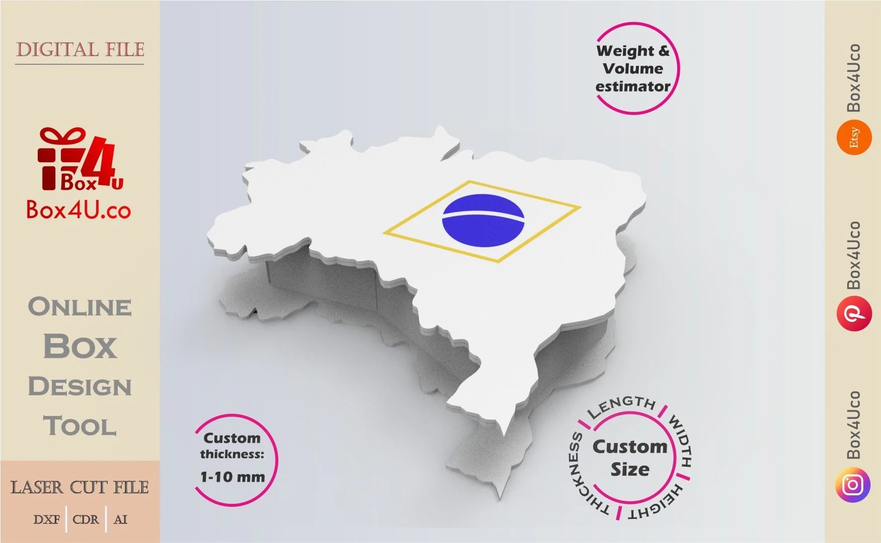Make Brazil map box | white acrylic | Online design for map shaped box | custom size laser cut file DXF, AI, CDR | Box4U
