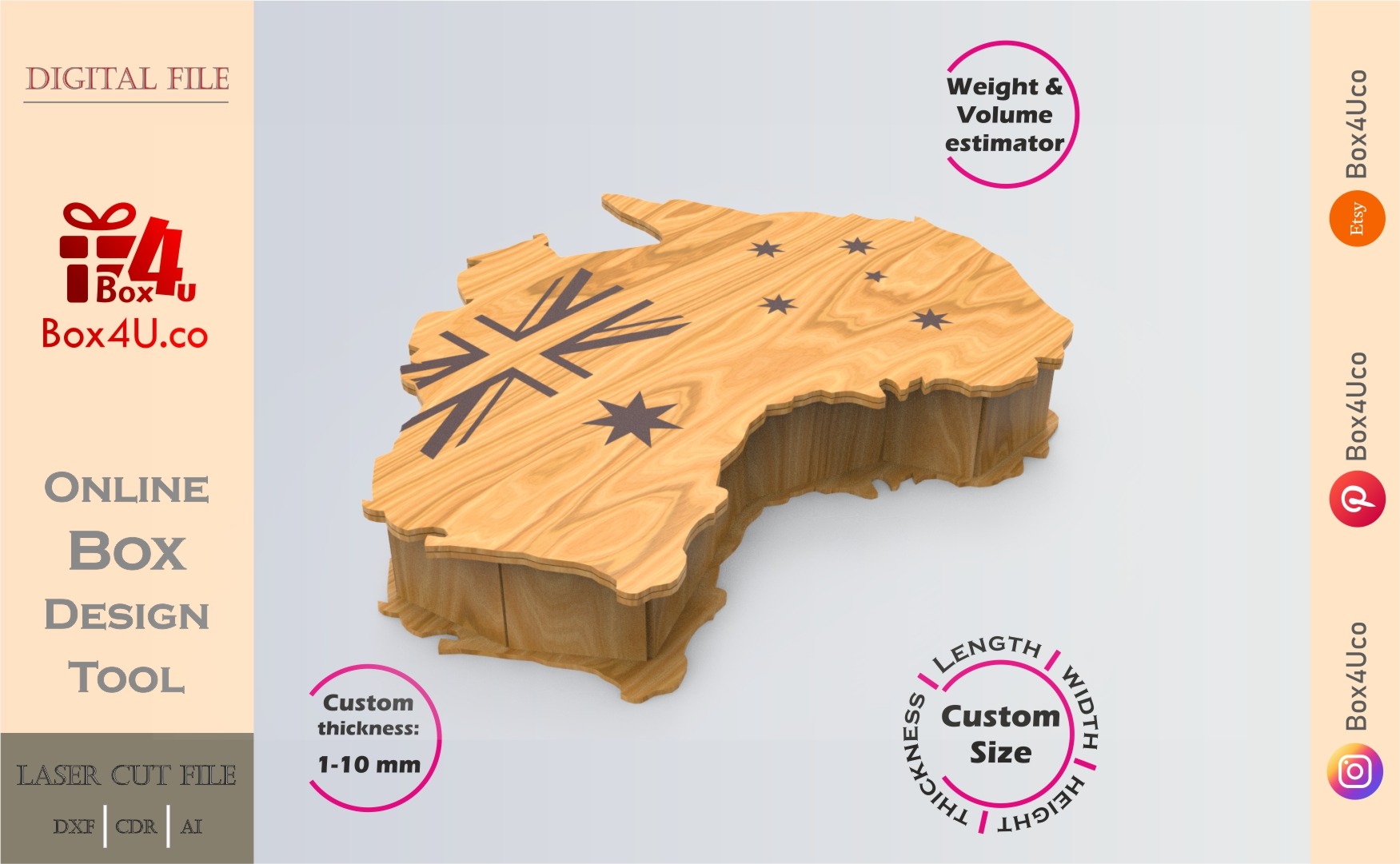 Online Design Australia map shaped Box | software tool for map shaped boxes | custom size laser cut file DXF, AI, CDR | Box4U