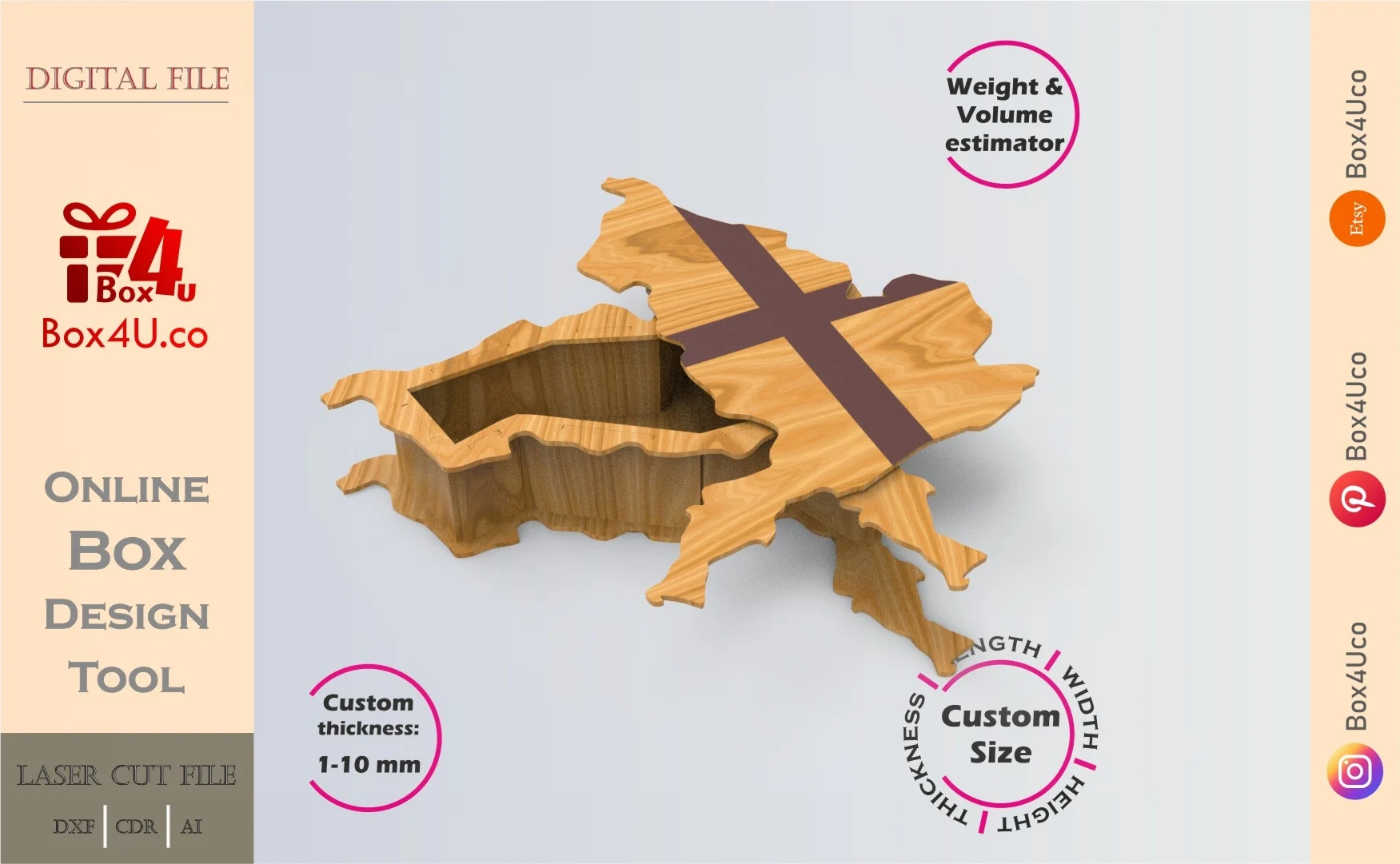 Online Design England map shaped Box | software tool for map shaped boxes | custom size laser cut file DXF, AI, CDR | Box4U