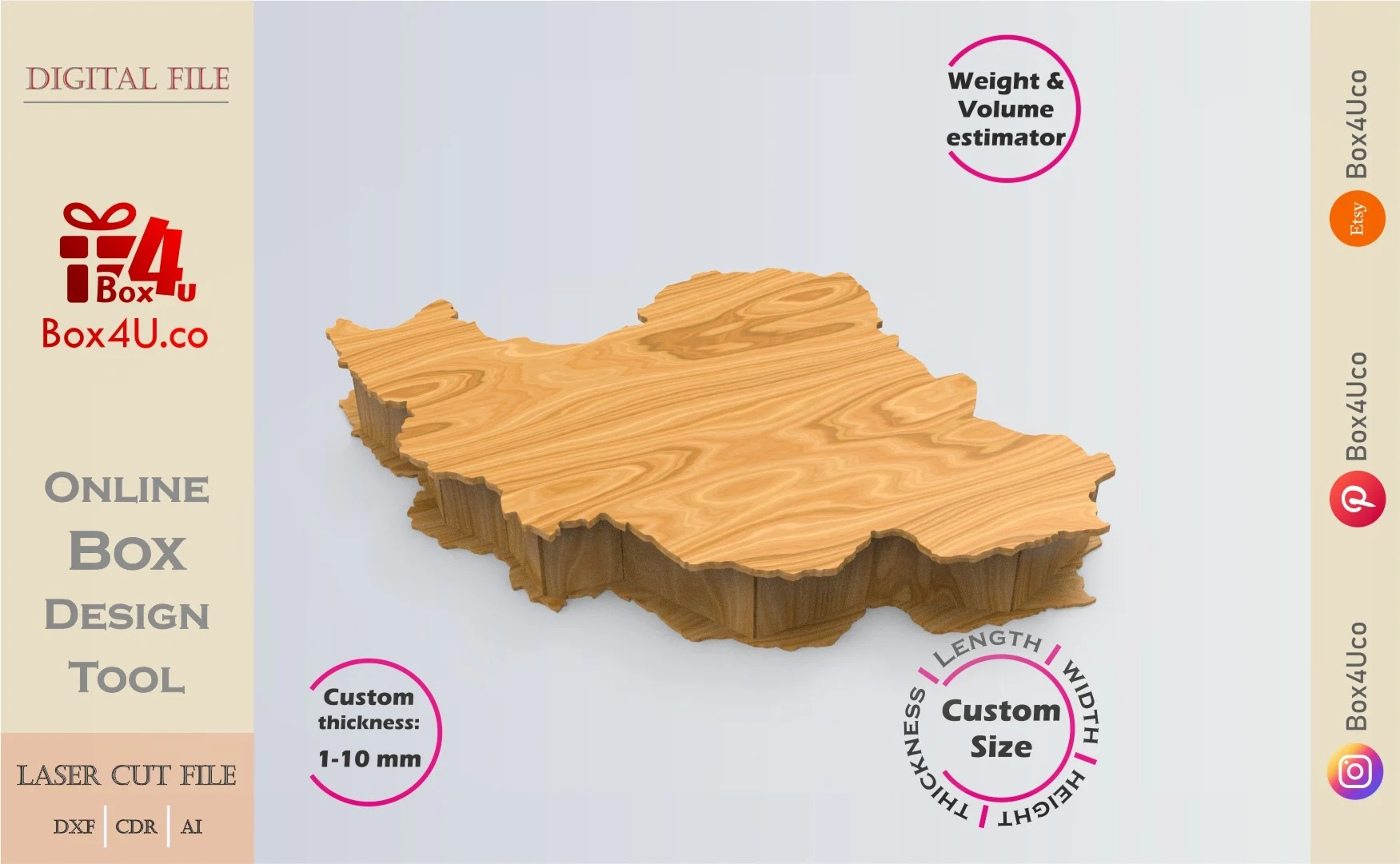 Online Design Iran map shaped Box | software tool for map shaped boxes | custom size laser cut file DXF, AI, CDR | Box4U