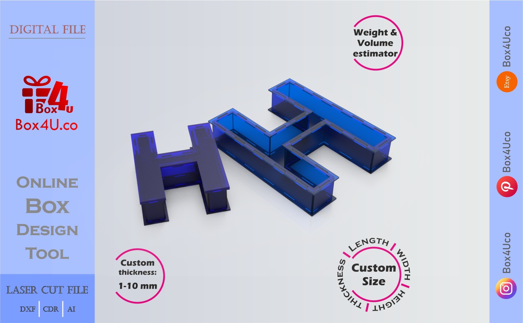 Make Letter H Box | blue acrylic | Online design for letter box | custom size laser cut file DXF, AI, CDR | Box4U