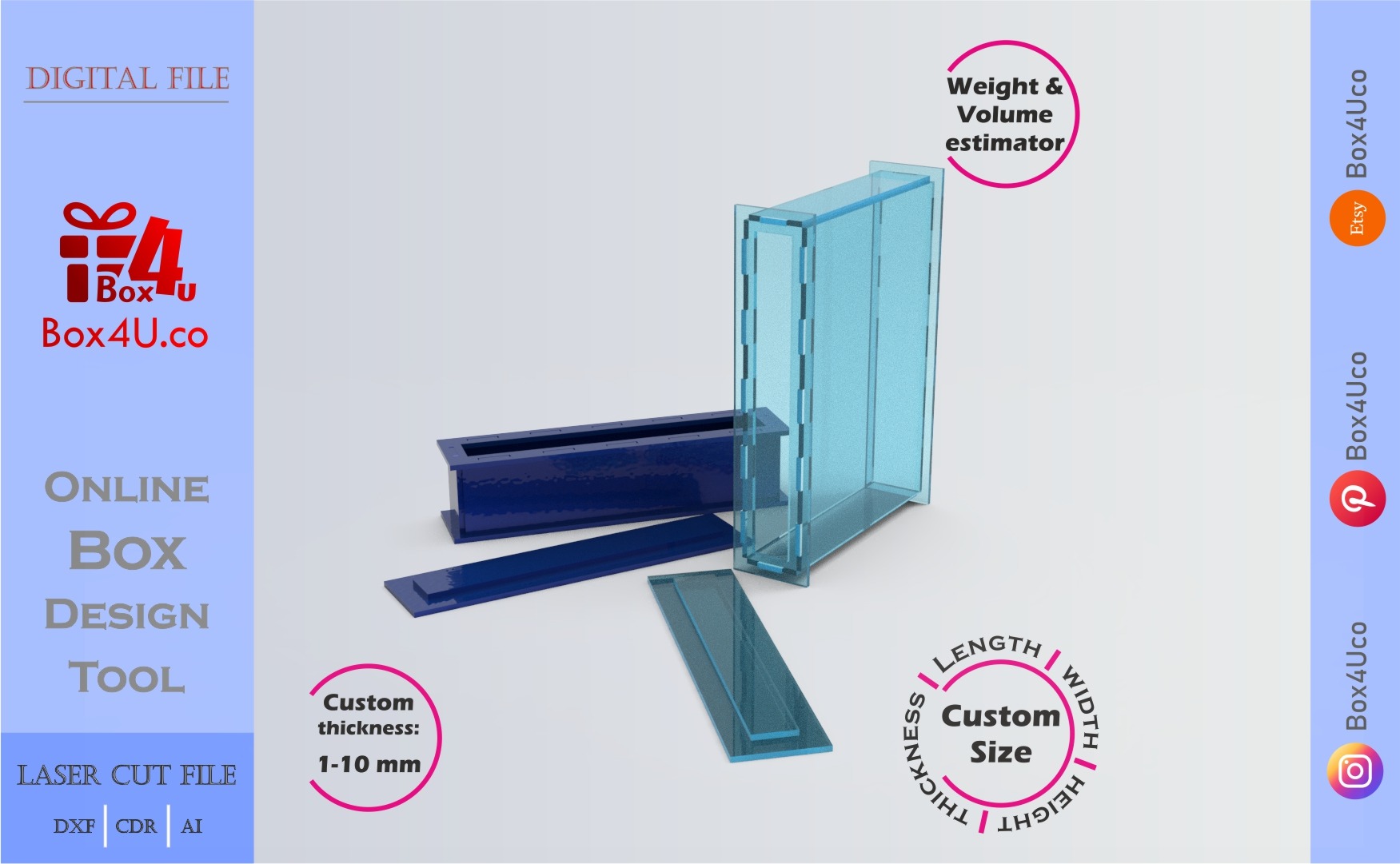 Make Letter I Box | blue acrylic | Online design for letter box | custom size laser cut file DXF, AI, CDR | Box4U