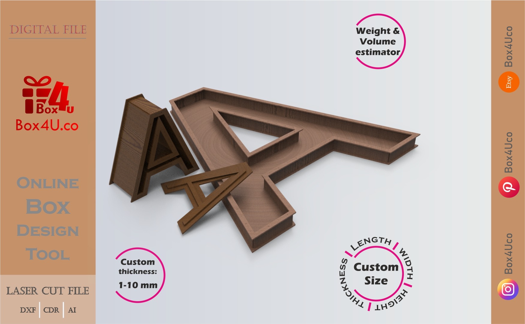 Online Design Letter A Box | walnut | software tool for letter boxes | custom size laser cut file DXF, AI, CDR | Box4U