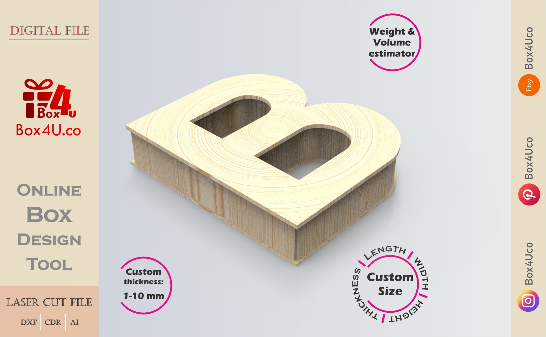 Online Design Letter B Box | wooden | App tool for letter boxes | custom size laser cut file DXF, AI, CDR | Box4U