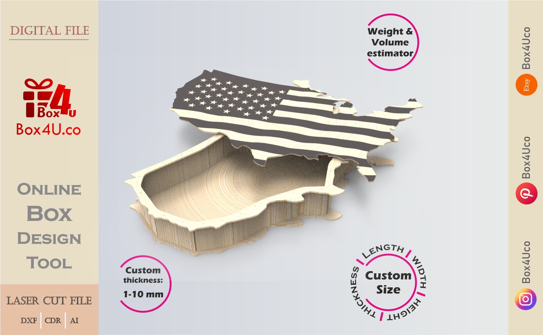 Online Design USA Box | software tool for map boxes | custom size laser cut file DXF, AI, CDR | Box4U