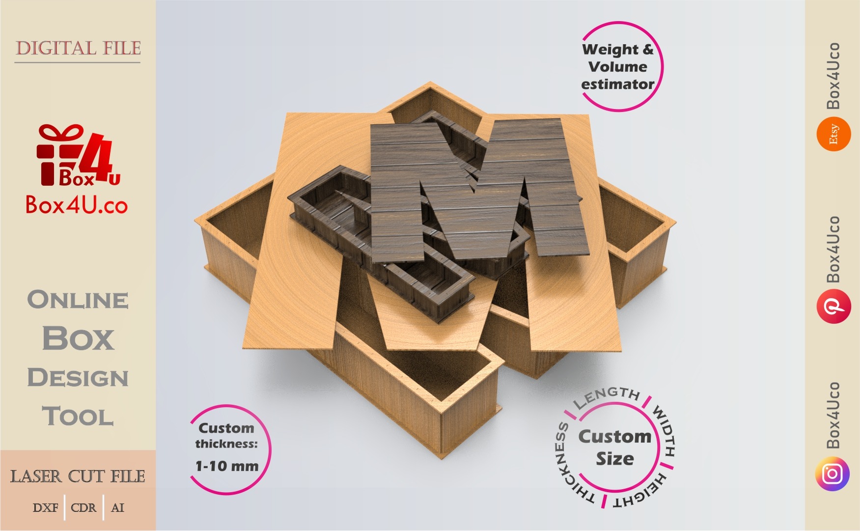 Online Design Letter M Box | walnut | software tool for letter boxes | custom size laser cut file DXF, AI, CDR | Box4U
