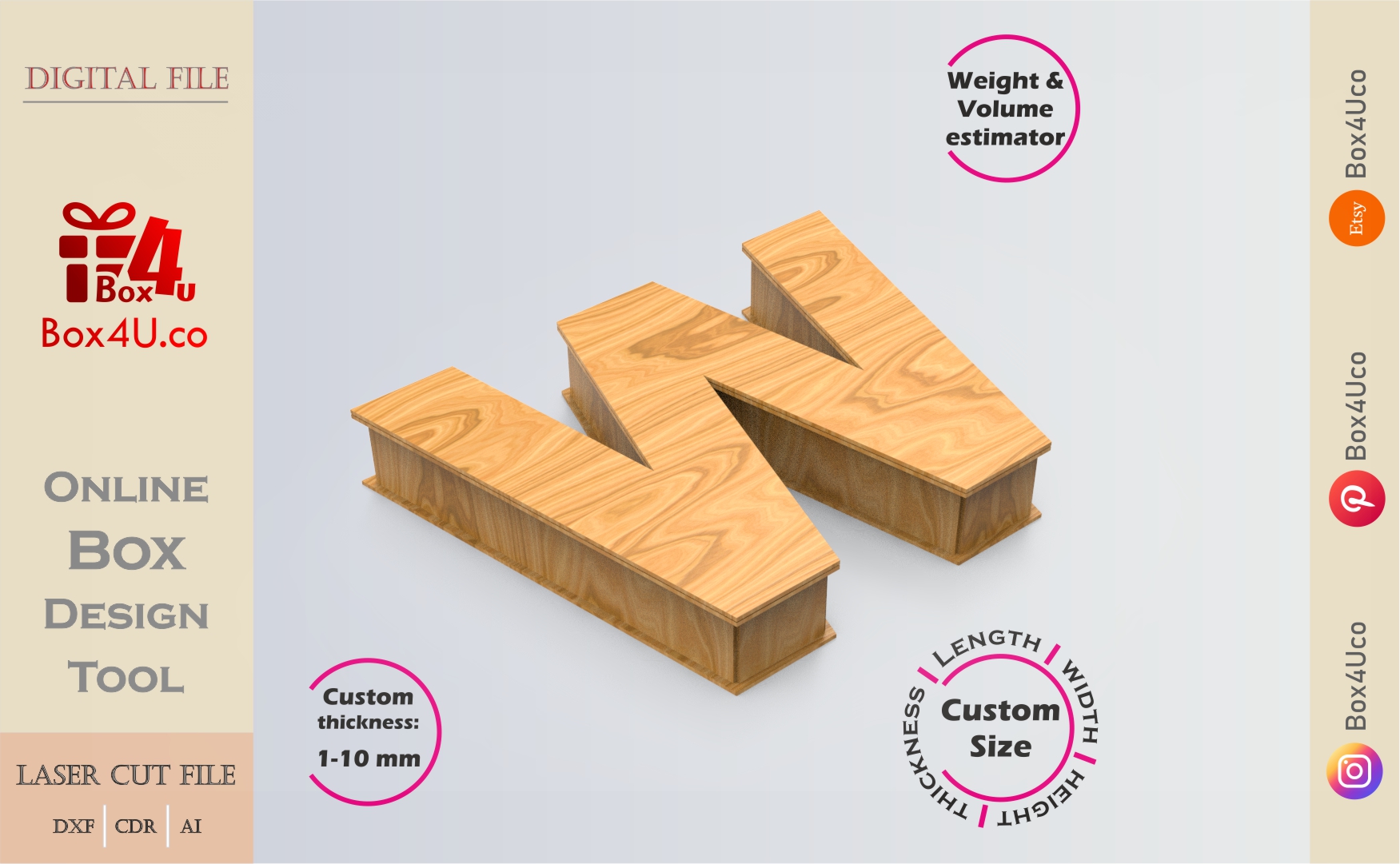 Online Design Letter W Box | wooden | App tool for letter boxes | custom size laser cut file DXF, AI, CDR | Box4U