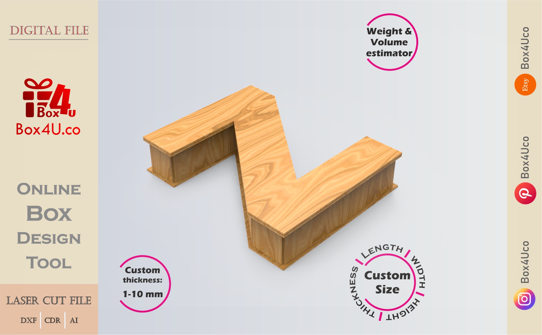 Online Design Letter Z Box | wooden | App tool for letter boxes | custom size laser cut file DXF, AI, CDR | Box4U