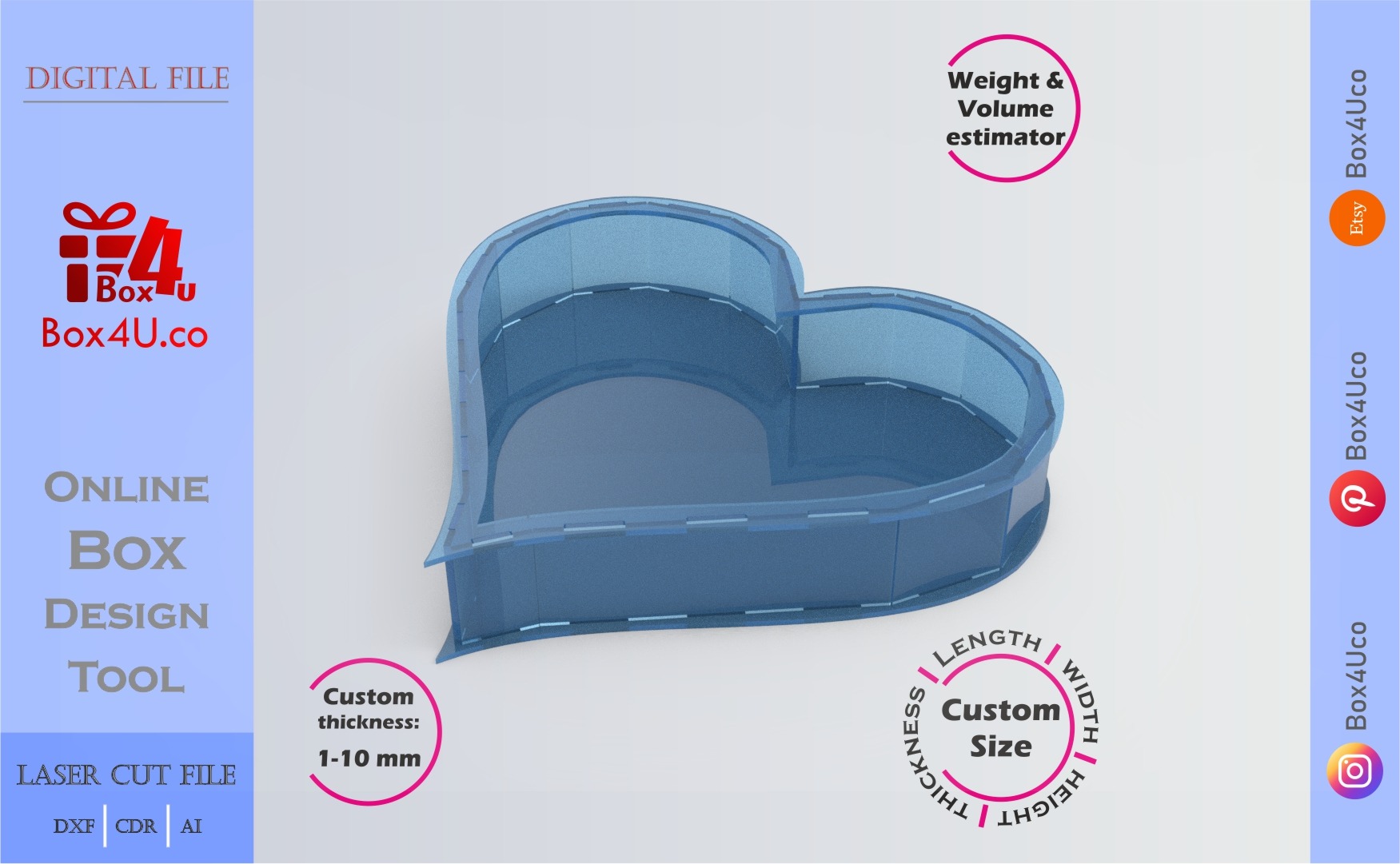 Make Heart Box | blue acrylic | Online design for shape box | custom size laser cut file DXF, AI, CDR | Box4U