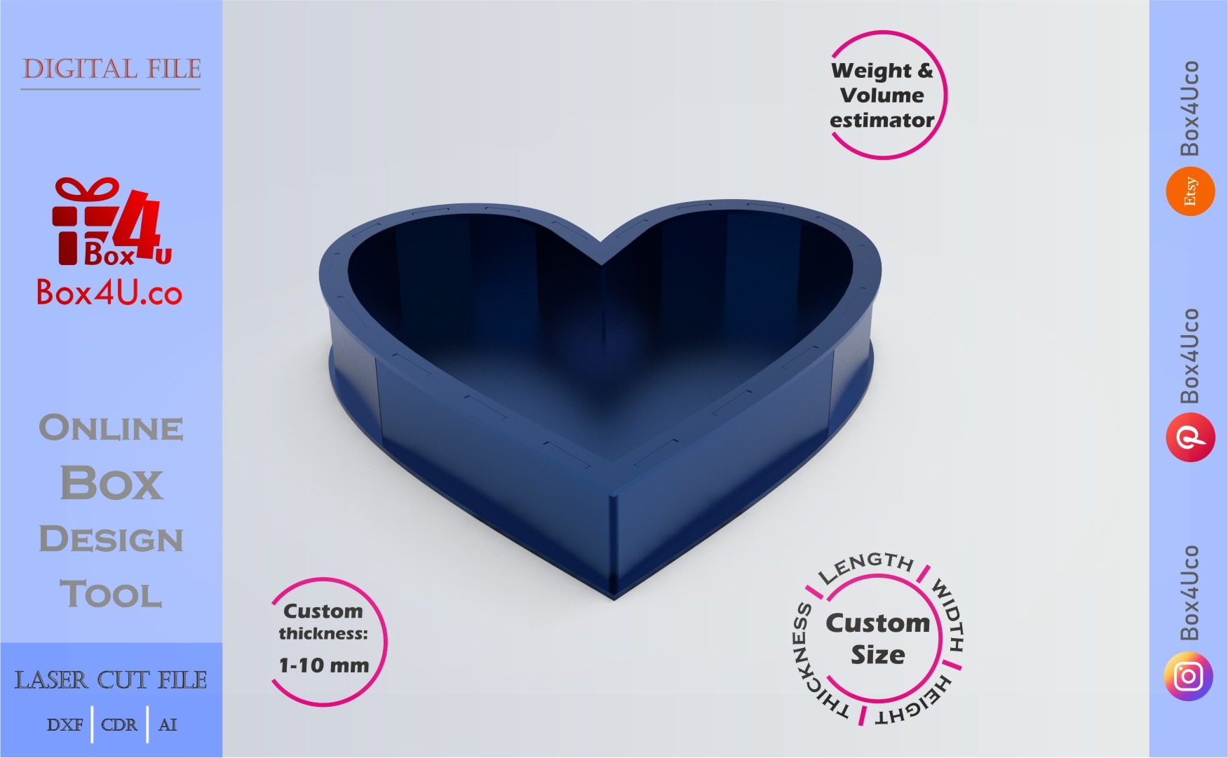 Make Heart Box (T2) | blue acrylic | Online design for shape box | custom size laser cut file DXF, AI, CDR | Box4U