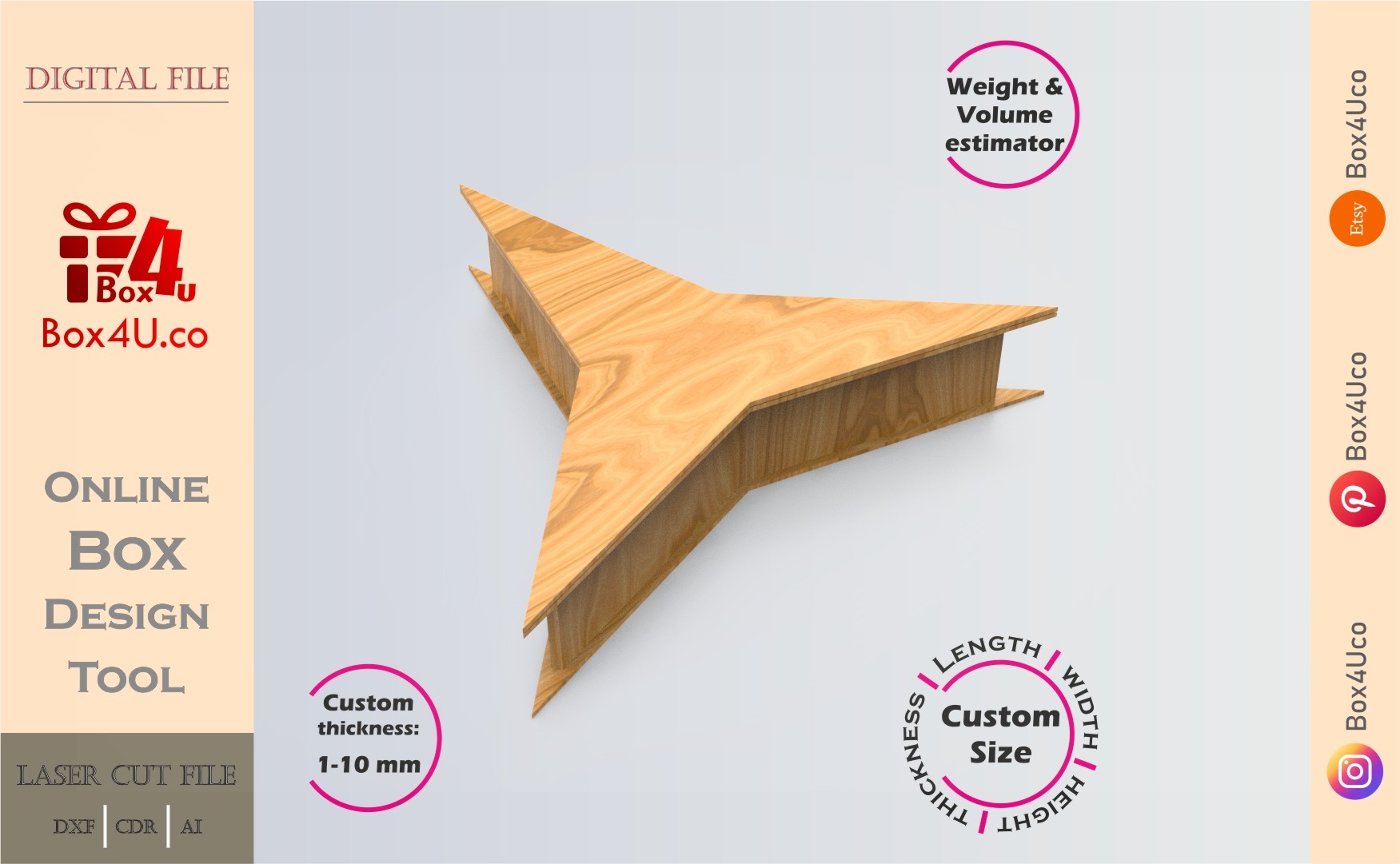 Online Design three-pointed star | wooden | App tool for shape boxes | custom size laser cut file DXF, AI, CDR | Box4U