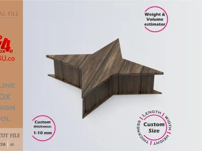 Online Design Four-Pointed Star Box | walnut | software tool for shape boxes | custom size laser cut file DXF, AI, CDR | Box4U