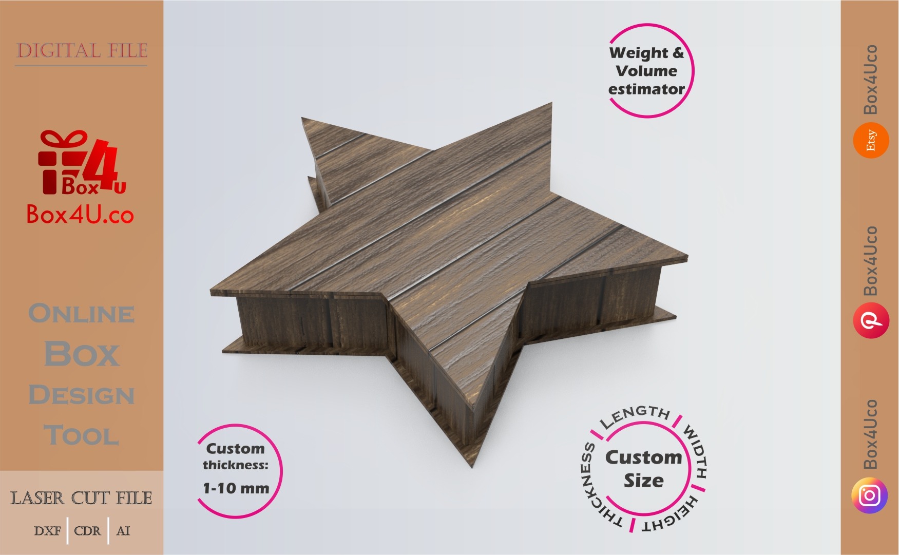 Online Design Five-Pointed Star Box | walnut | software tool for shape boxes | custom size laser cut file DXF, AI, CDR | Box4U