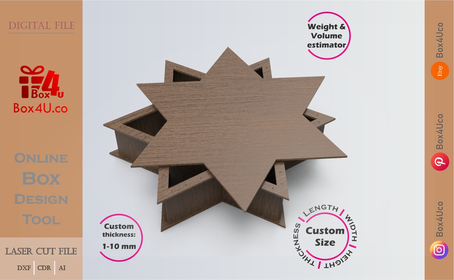 Online Design Six-Pointed Star Box | walnut | software tool for shape boxes | custom size laser cut file DXF, AI, CDR | Box4U