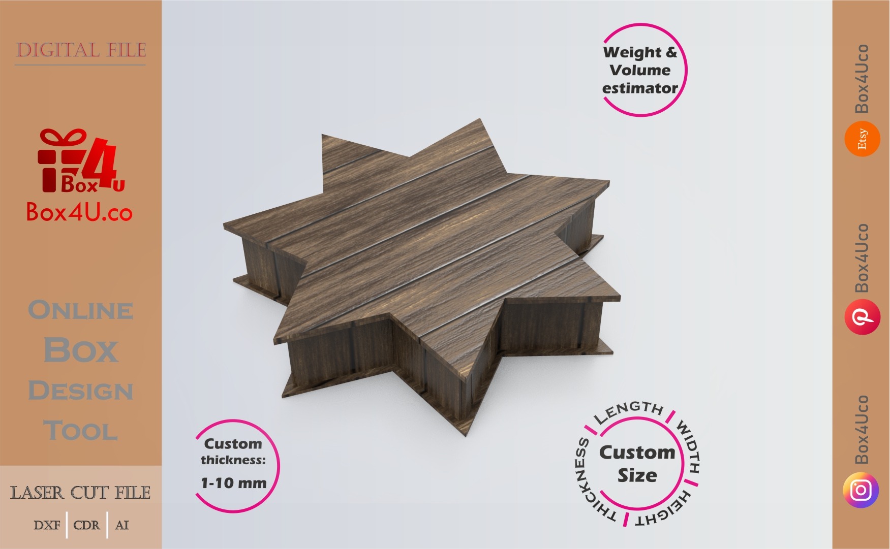 Online Design Seven-Pointed Star Box | walnut | software tool for shape boxes | custom size laser cut file DXF, AI, CDR | Box4U
