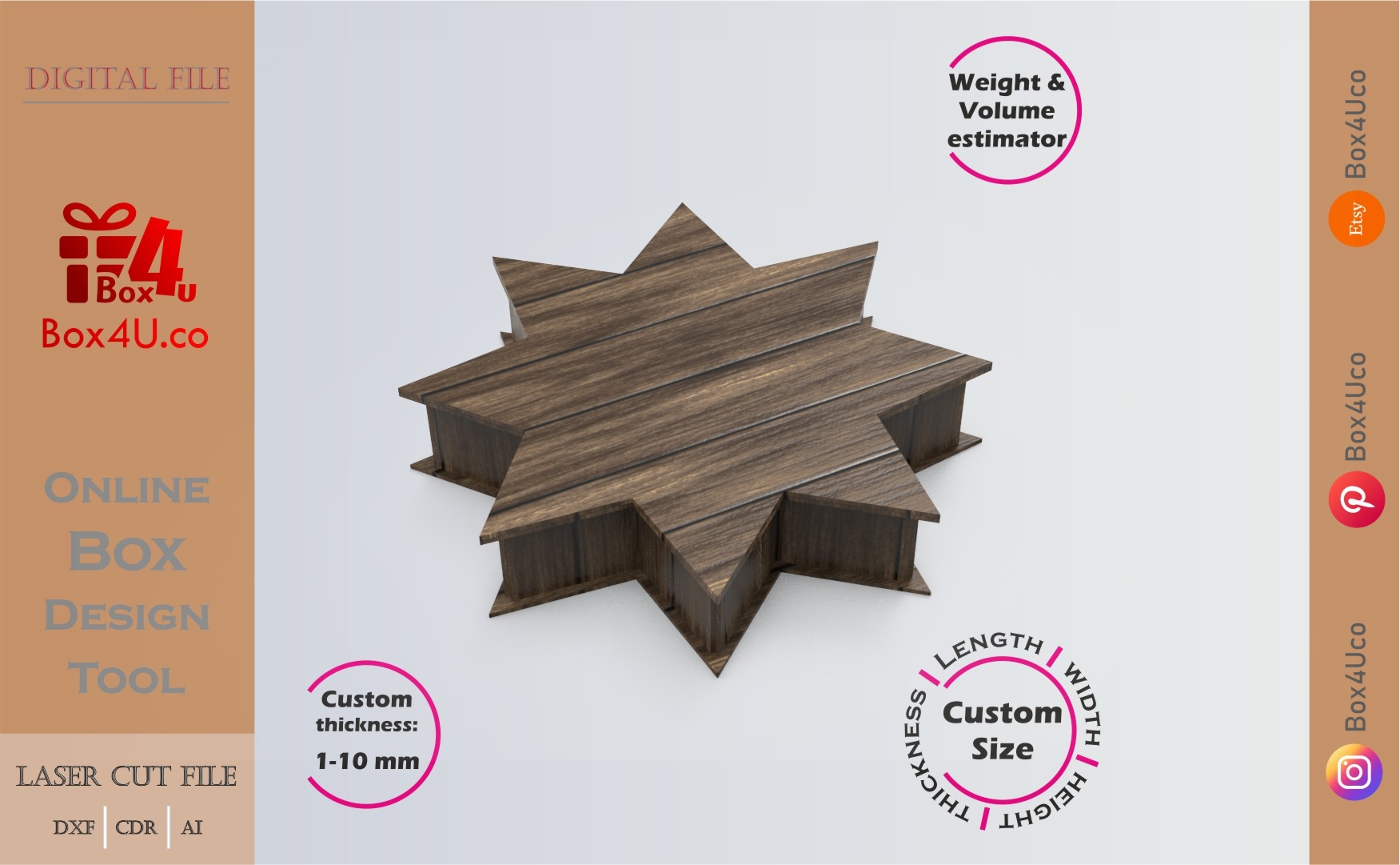 Online Design Eight-Pointed Star Box | walnut | software tool for shape boxes | custom size laser cut file DXF, AI, CDR | Box4U