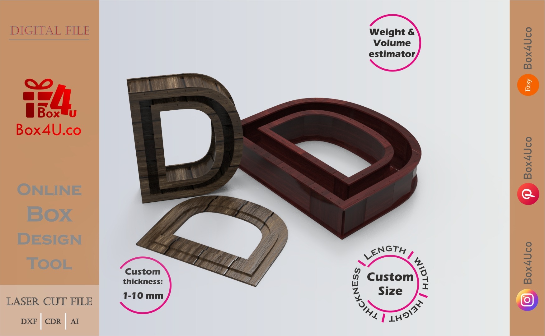 Online Design Letter D Box | walnut | software tool for letter boxes | custom size laser cut file DXF, AI, CDR | Box4U