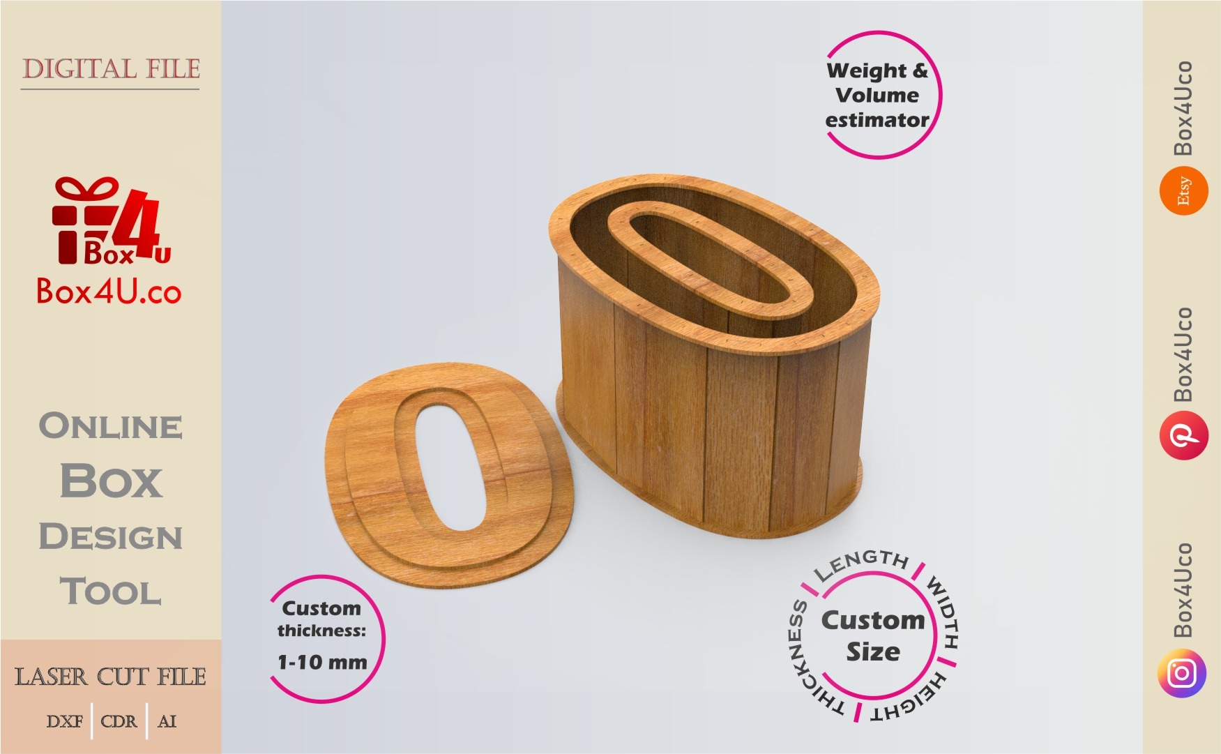 Online Design Number zero Box | bright wooden | App tool for number shape boxes | custom size laser cut file DXF, AI, CDR | Box4U