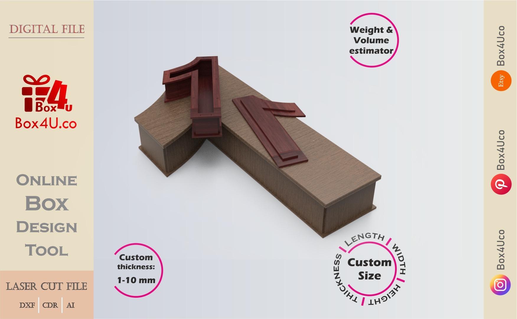 Online Design Number 1-shaped Box | software tool for number shaped boxes | custom size laser cut file DXF, AI, CDR | Box4U