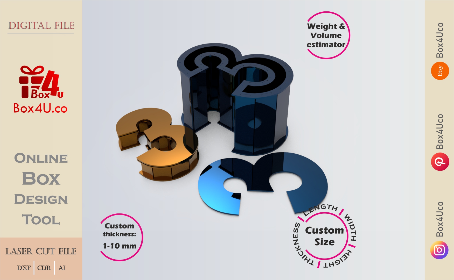 Make Number 0-shaped box | gold & blue metal | Online design for number shaped box | custom size laser cut file DXF, AI, CDR | Box4U