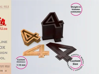 Online Design Number four 4 Box | wooden | App tool for number shape boxes | custom size laser cut file DXF, AI, CDR | Box4U