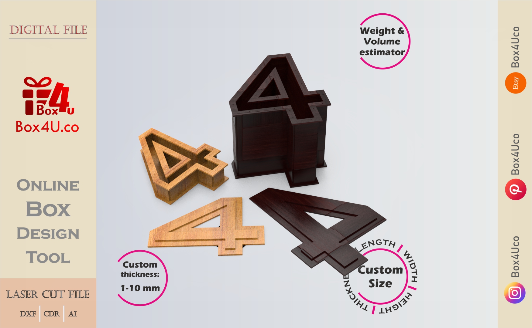 Online Design Number four 4 Box | wooden | App tool for number shape boxes | custom size laser cut file DXF, AI, CDR | Box4U