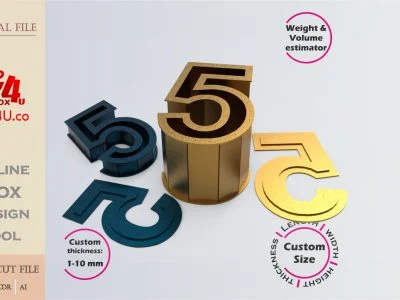 Make Number 5-shaped box | gold & blue metal | Online design for number shaped box | custom size laser cut file DXF, AI, CDR | Box4U