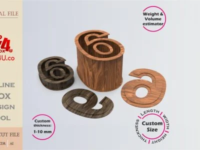 Online Design Number 6-shaped Box | walnut | software tool for number shaped boxes | custom size laser cut file DXF, AI, CDR | Box4U