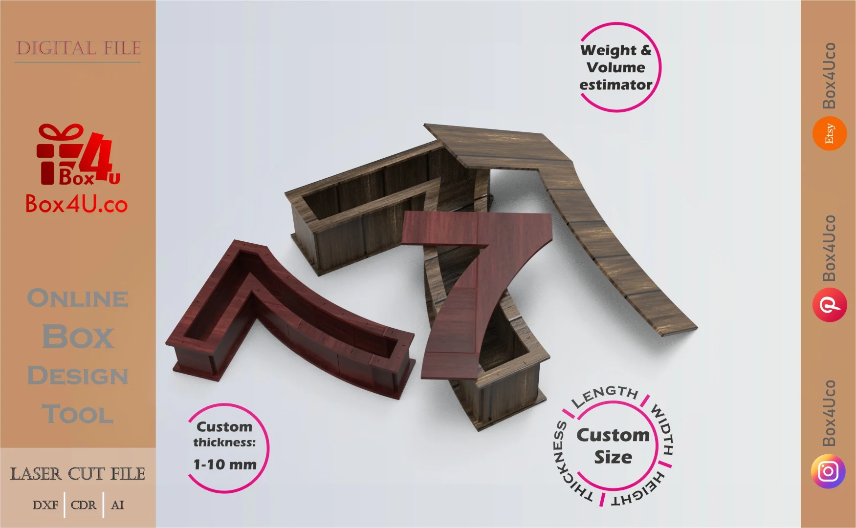 Online Design Number 7-shaped Box | software tool for number shaped boxes | custom size laser cut file DXF, AI, CDR | Box4U