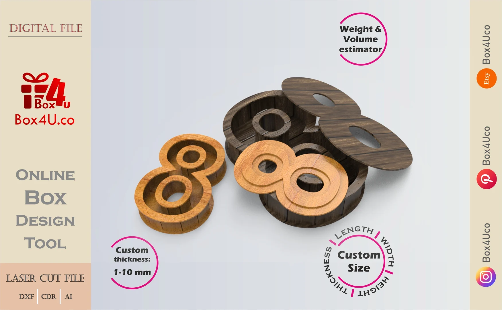 Online Design Number eight 8 Box | wooden | App tool for number shape boxes | custom size laser cut file DXF, AI, CDR | Box4U