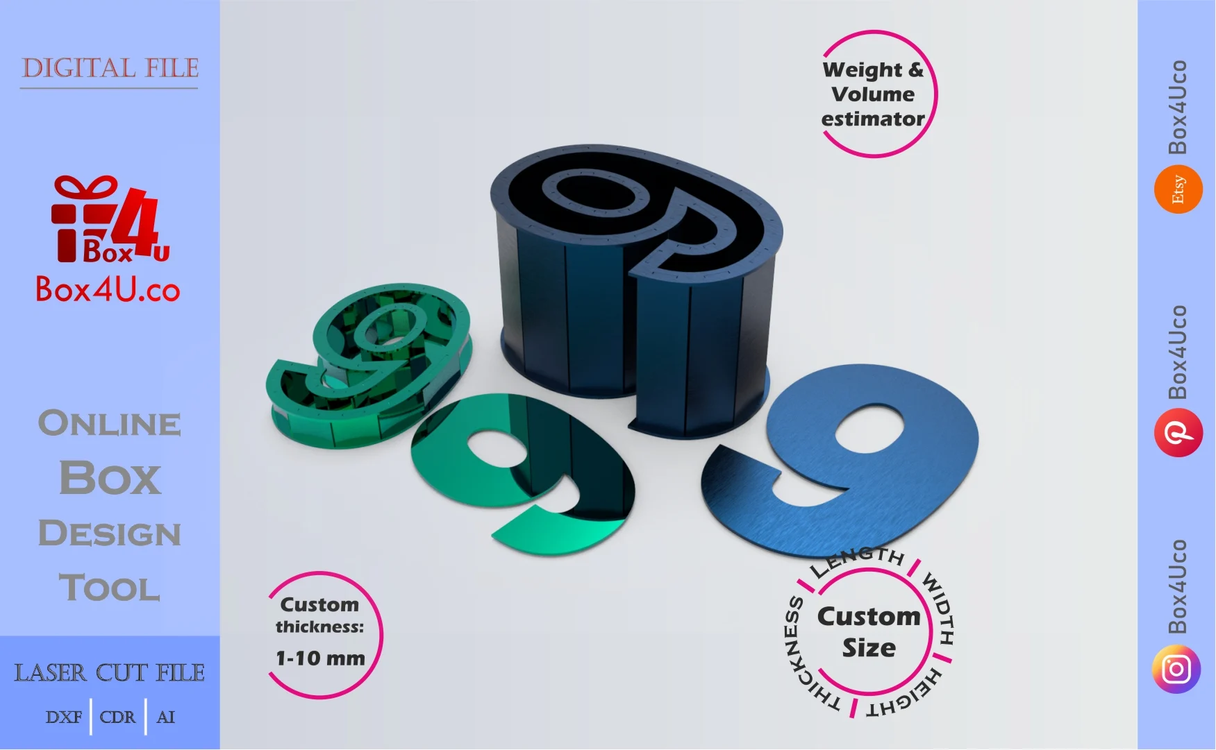 Make Number 9-shaped box | green & blue metal | Online design for number shaped box | custom size laser cut file DXF, AI, CDR | Box4U