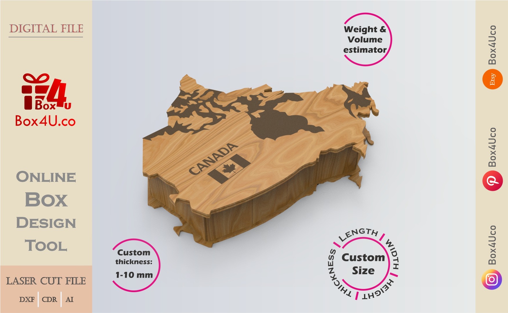 Online Design Canada map shaped Box | software tool for map shaped boxes | custom size laser cut file DXF, AI, CDR | Box4U