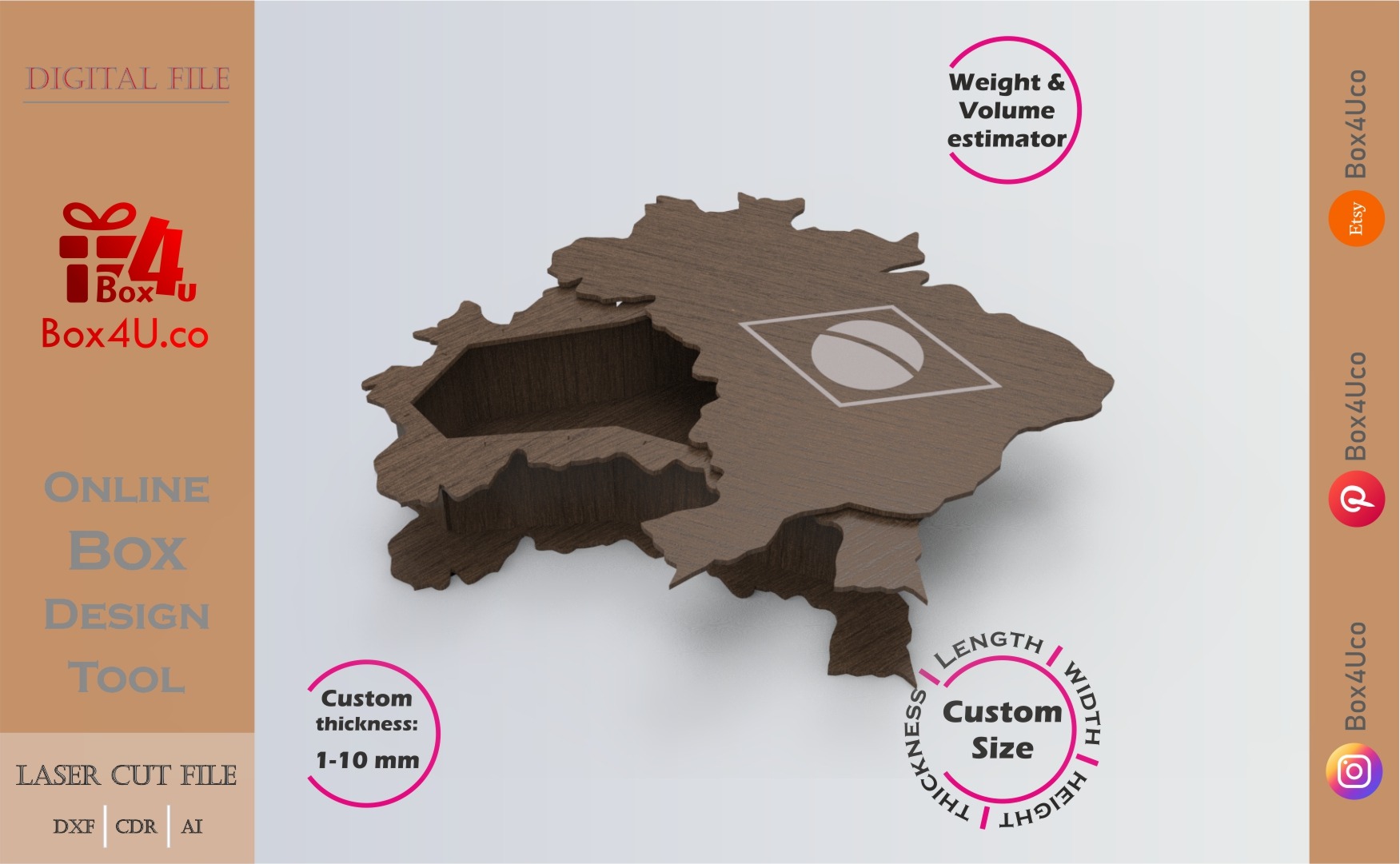 Online Design Brazil Box | software tool for countries map box | custom size laser cut file DXF, AI, CDR | Box4U