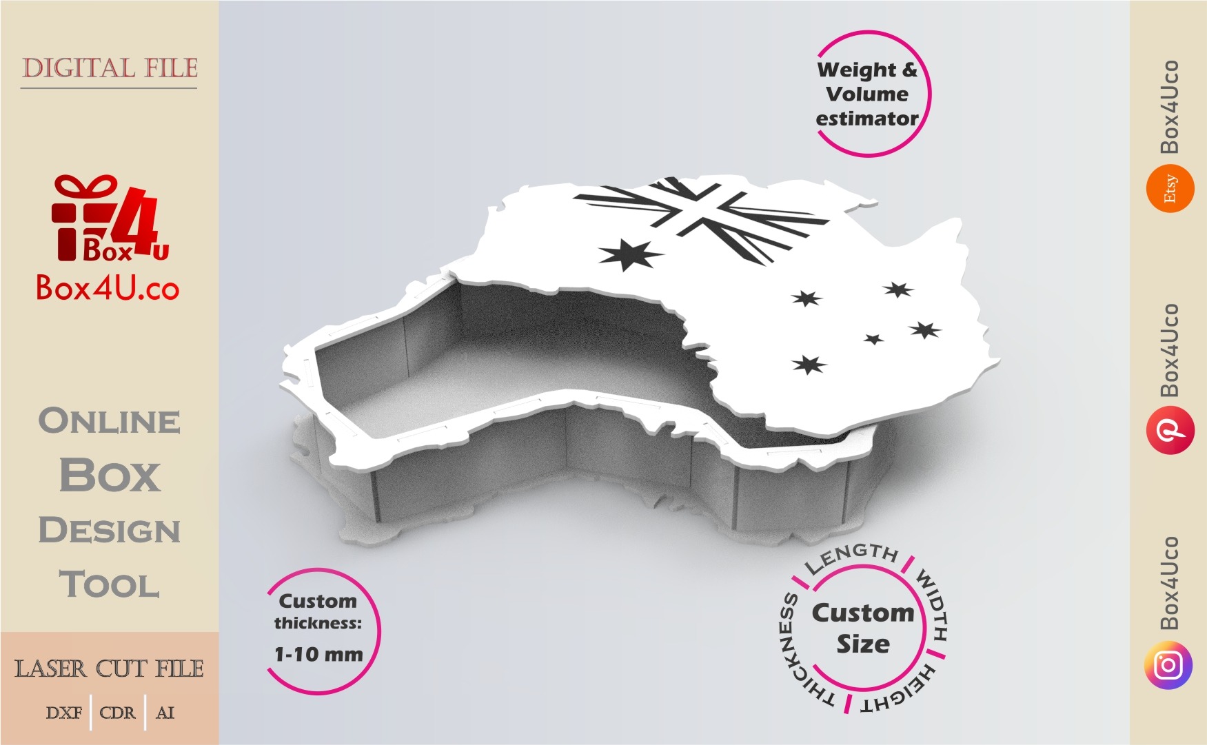 Online Design Australia map shaped Box | software tool for map shaped boxes | custom size laser cut file DXF, AI, CDR | Box4U