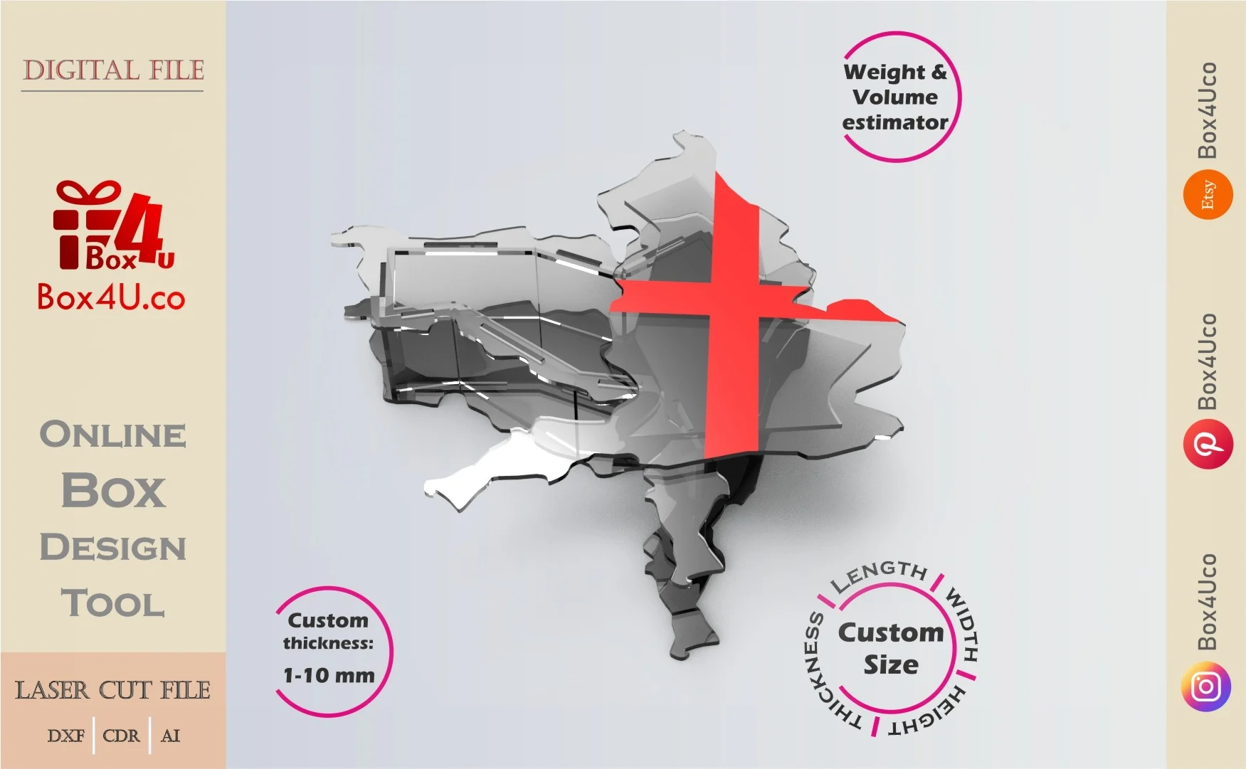 Make England map Box | clear acrylic | Online app tool for map shaped boxes | custom size laser cut file DXF, AI, CDR | Box4U