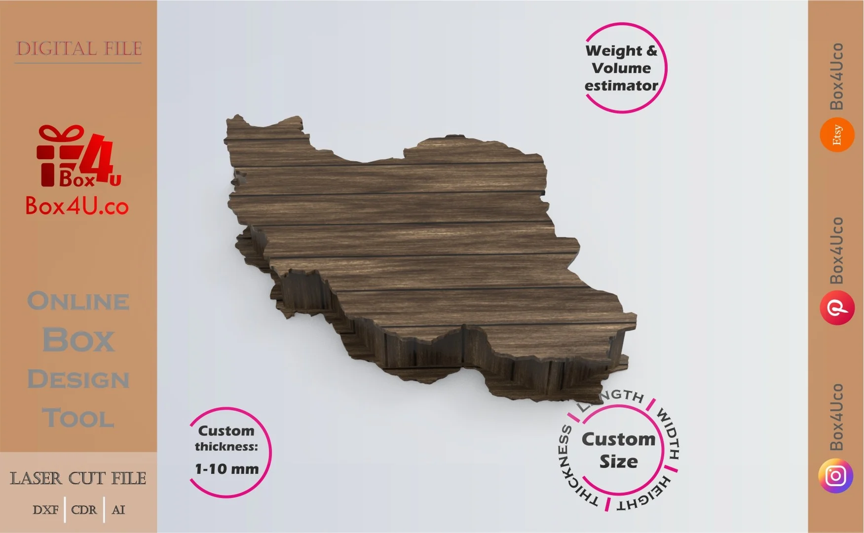 Online Design Iran Box | software tool for countries map box | custom size laser cut file DXF, AI, CDR | Box4U