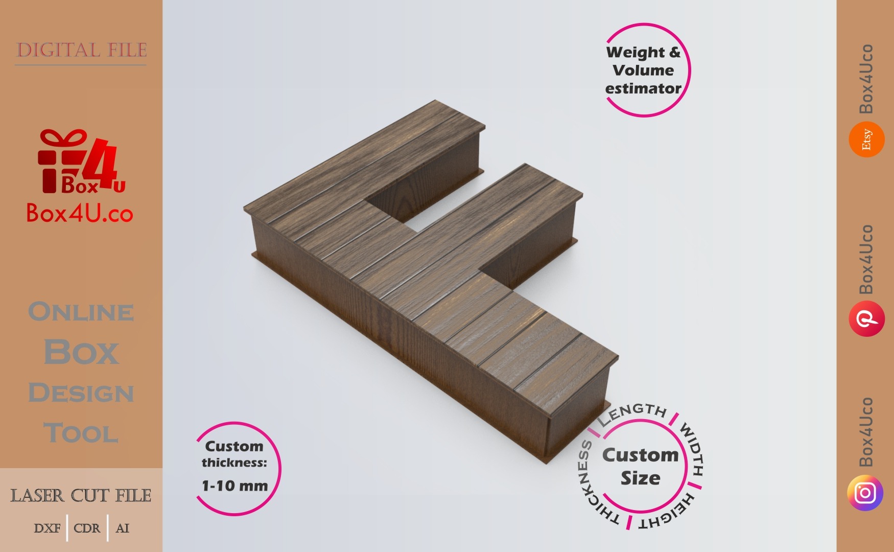 Online Design Letter F Box | walnut | software tool for letter boxes | custom size laser cut file DXF, AI, CDR | Box4U