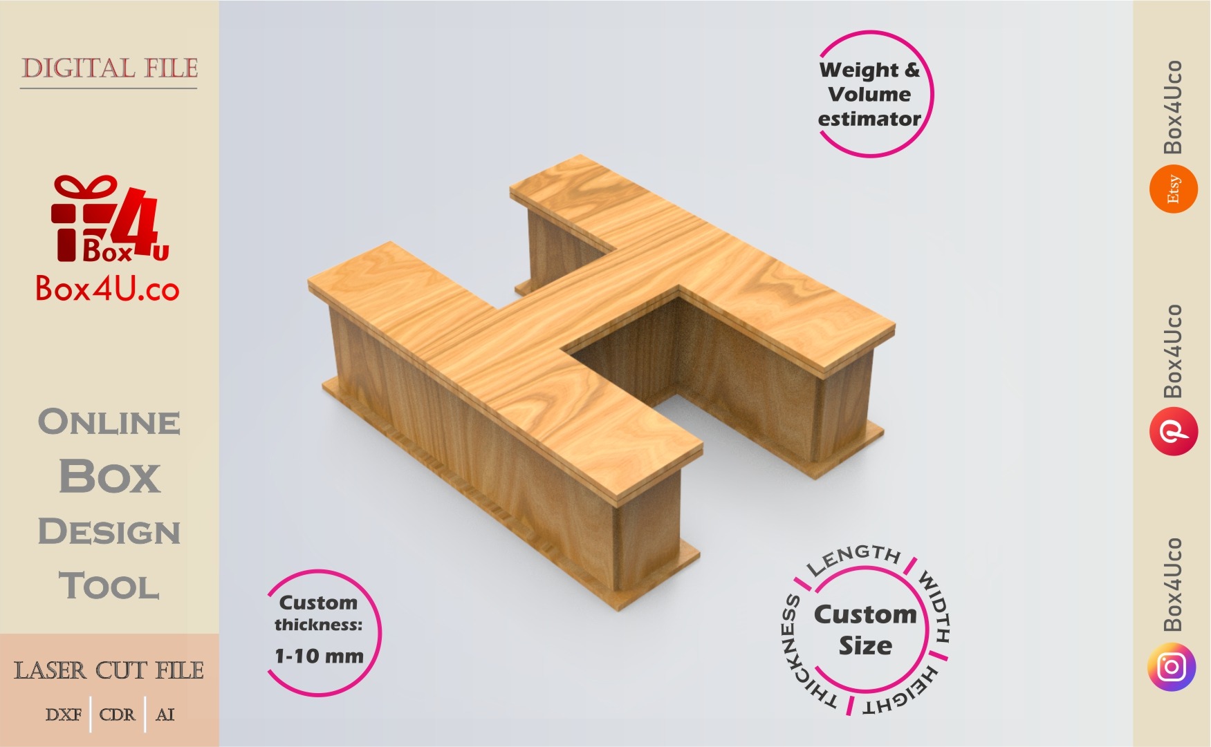 Online Design Letter H Box | wooden | App tool for letter boxes | custom size laser cut file DXF, AI, CDR | Box4U